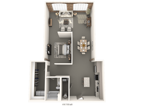 a 3d floor plan of a 1 bedroom apartment at converse mill lofts in Spartanburg, SC